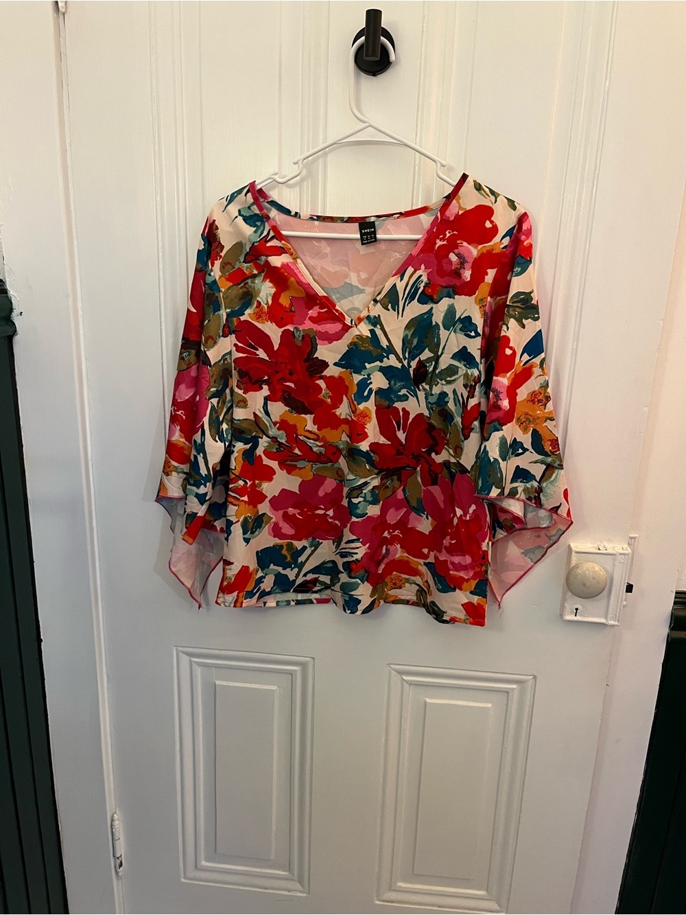 SHEIN Bright Floral V-Neck Blouse in Red, Pink, Green, Blue